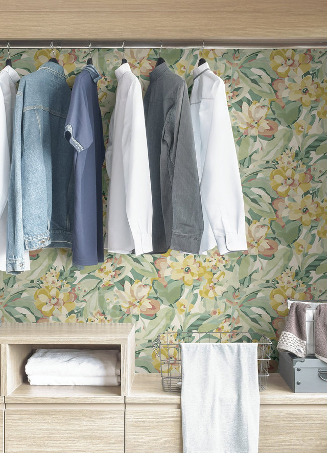 Belles Fleurs Yellow Peel & Stick Wallpaper with Whimsical Floral Pattern - NuWallpaper CBS4510