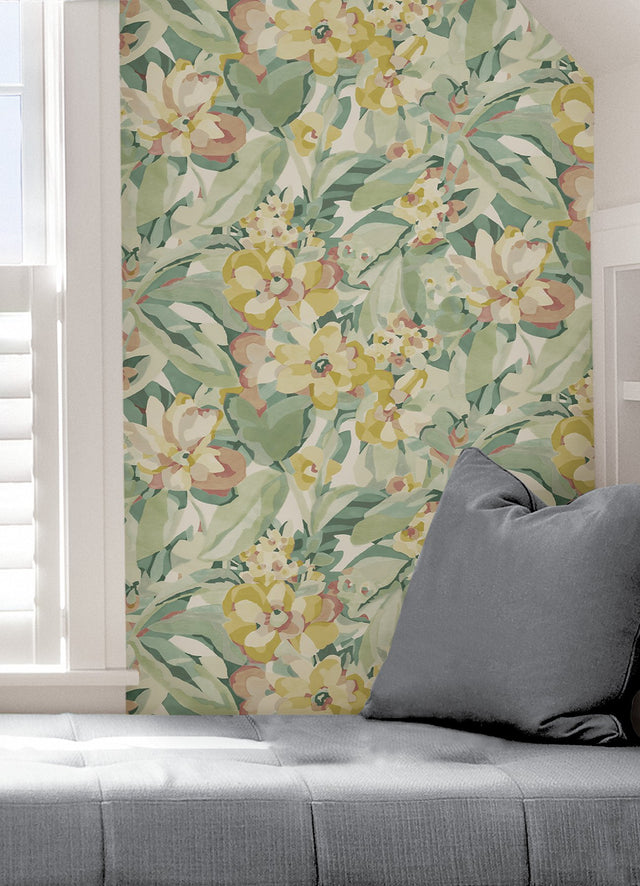 Belles Fleurs Yellow Peel & Stick Wallpaper with Whimsical Floral Pattern - NuWallpaper CBS4510