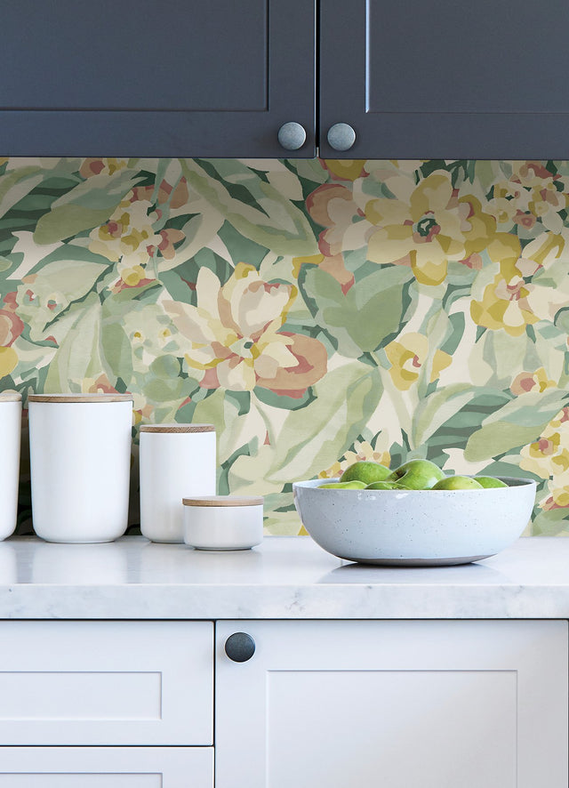 Belles Fleurs Yellow Peel & Stick Wallpaper with Whimsical Floral Pattern - NuWallpaper CBS4510