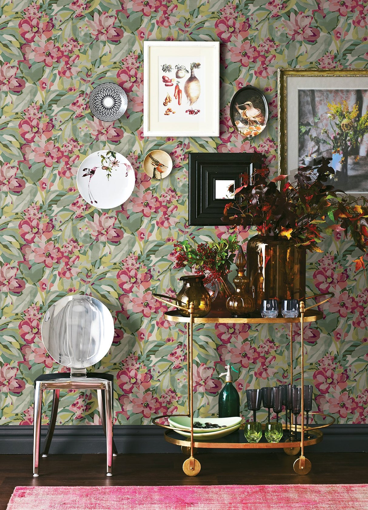 Belles Fleurs Wine Peel & Stick Wallpaper with Whimsical Botanical Floral Pattern - NuWallpaper CBS4512