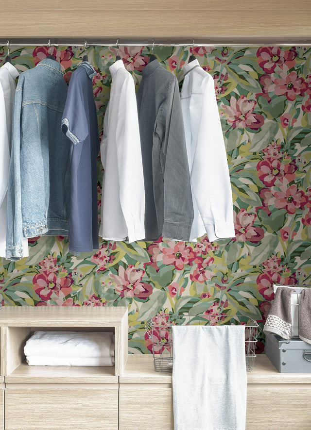 Belles Fleurs Wine Peel & Stick Wallpaper with Whimsical Botanical Floral Pattern - NuWallpaper CBS4512