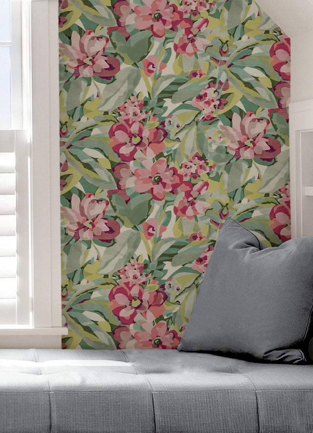 Belles Fleurs Wine Peel & Stick Wallpaper with Whimsical Botanical Floral Pattern - NuWallpaper CBS4512