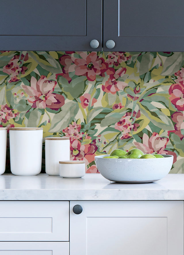 Belles Fleurs Wine Peel & Stick Wallpaper with Whimsical Botanical Floral Pattern - NuWallpaper CBS4512