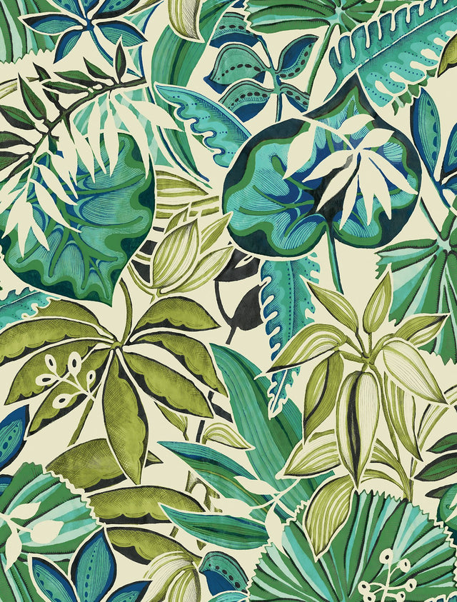Feuilles Turquoise Peel & Stick Wallpaper with Tropical Botanical Leaves - NuWallpaper CBS4513
