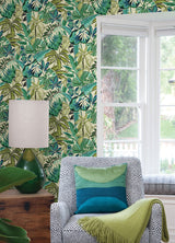 Feuilles Turquoise Peel & Stick Wallpaper with Tropical Botanical Leaves - NuWallpaper CBS4513