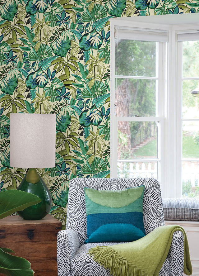 Feuilles Turquoise Peel & Stick Wallpaper with Tropical Botanical Leaves - NuWallpaper CBS4513