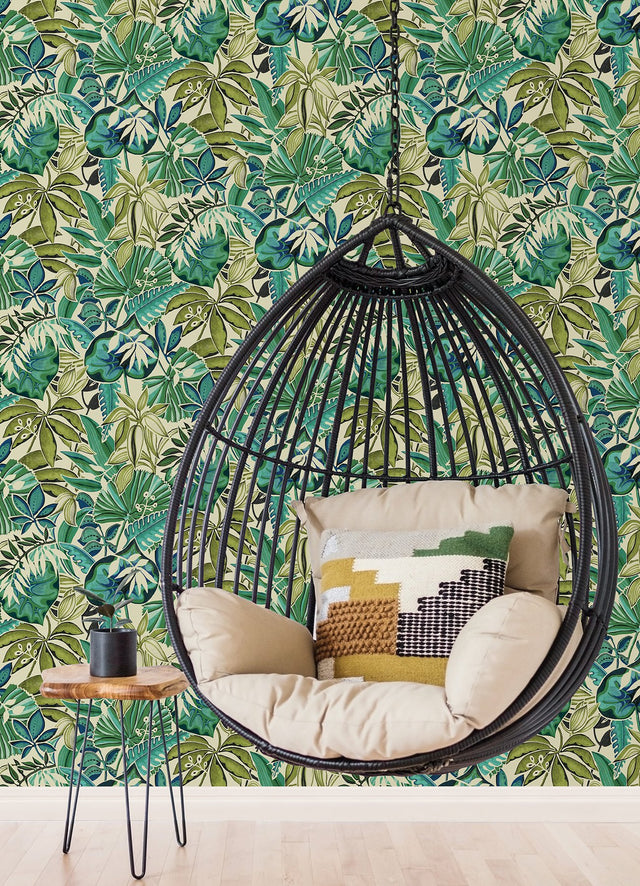 Feuilles Turquoise Peel & Stick Wallpaper with Tropical Botanical Leaves - NuWallpaper CBS4513