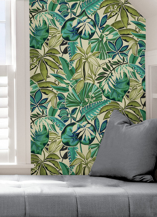 Feuilles Turquoise Peel & Stick Wallpaper with Tropical Botanical Leaves - NuWallpaper CBS4513