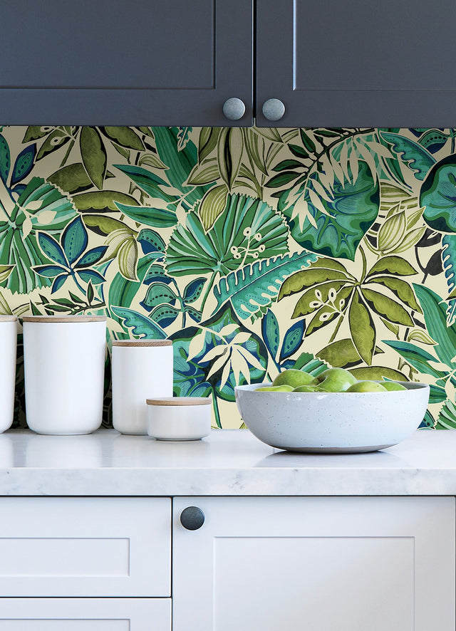 Feuilles Turquoise Peel & Stick Wallpaper with Tropical Botanical Leaves - NuWallpaper CBS4513