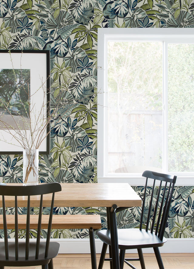 Feuilles Slate Peel & Stick Wallpaper with Tropical Botanical Leaves - NuWallpaper CBS4514