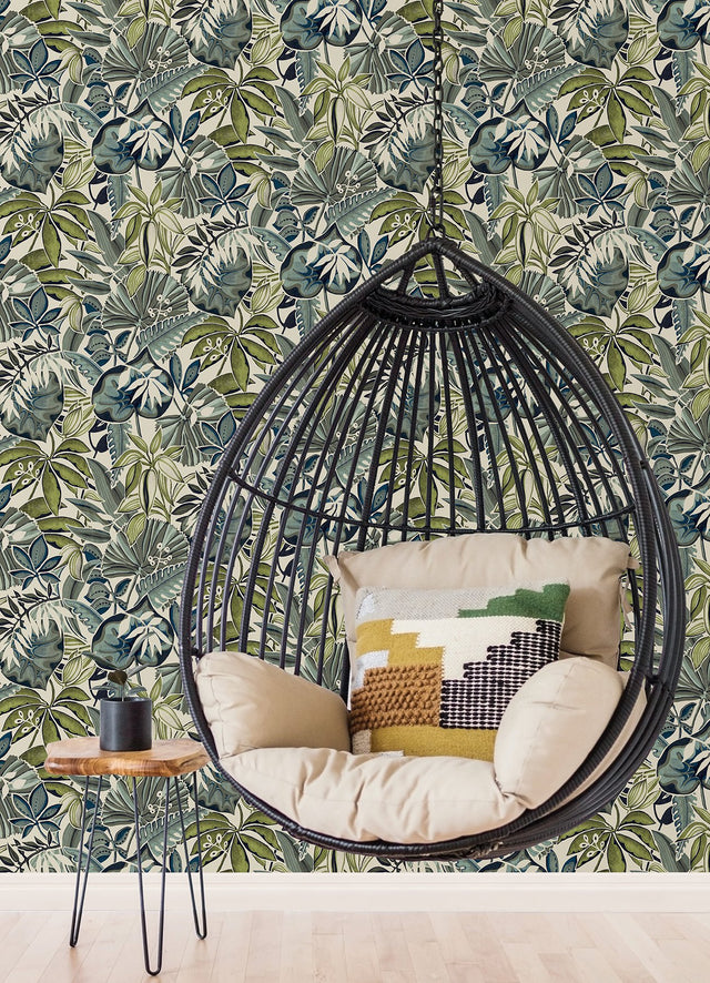 Feuilles Slate Peel & Stick Wallpaper with Tropical Botanical Leaves - NuWallpaper CBS4514
