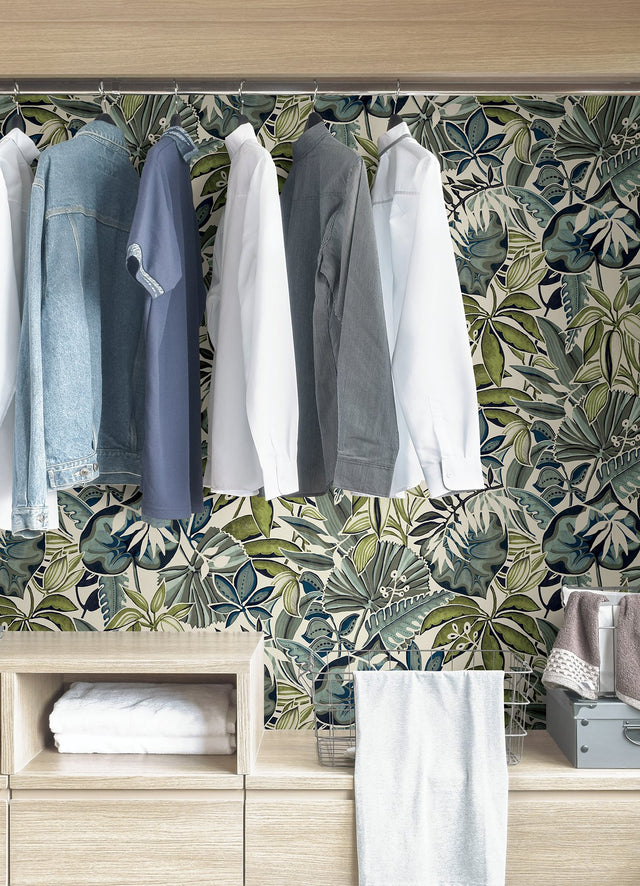 Feuilles Slate Peel & Stick Wallpaper with Tropical Botanical Leaves - NuWallpaper CBS4514