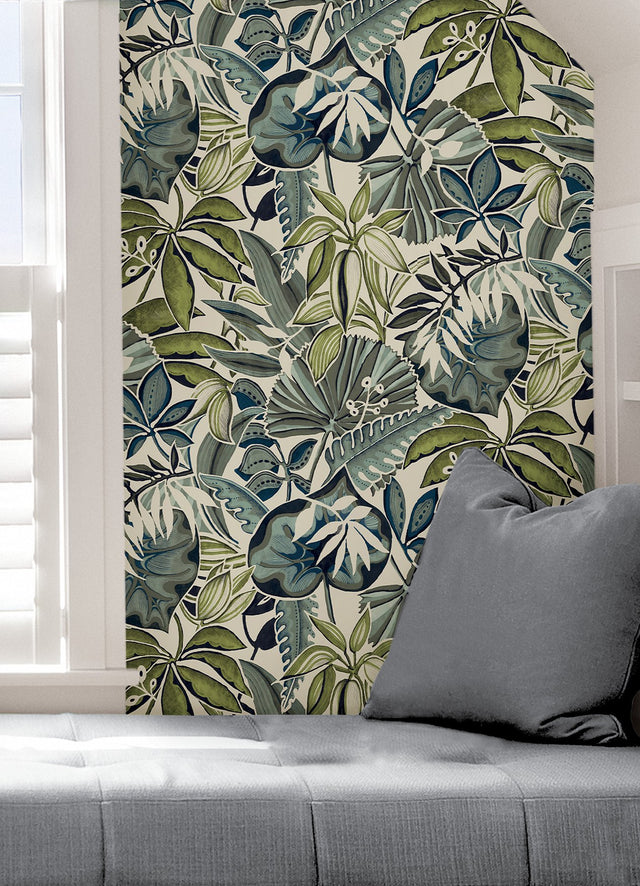 Feuilles Slate Peel & Stick Wallpaper with Tropical Botanical Leaves - NuWallpaper CBS4514