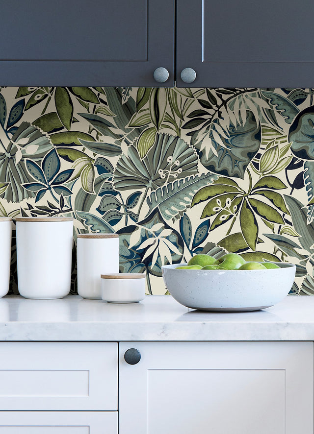 Feuilles Slate Peel & Stick Wallpaper with Tropical Botanical Leaves - NuWallpaper CBS4514