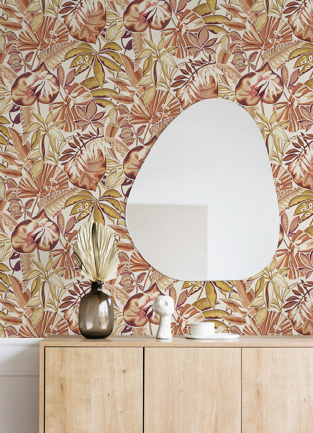 Feuilles Amber Peel & Stick Wallpaper with Bohemian Botanical Leaves Pattern - NuWallpaper CBS4515