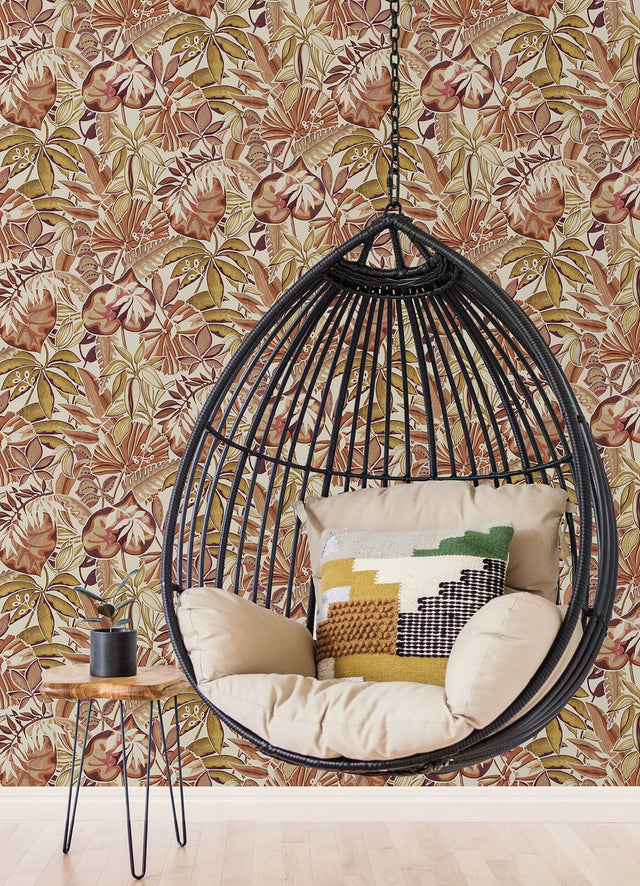Feuilles Amber Peel & Stick Wallpaper with Bohemian Botanical Leaves Pattern - NuWallpaper CBS4515