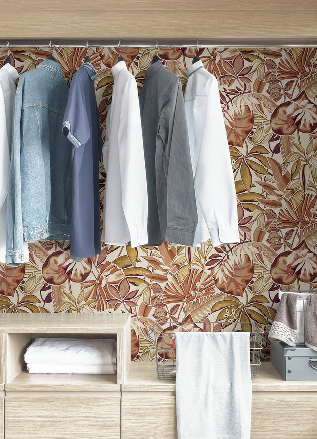 Feuilles Amber Peel & Stick Wallpaper with Bohemian Botanical Leaves Pattern - NuWallpaper CBS4515