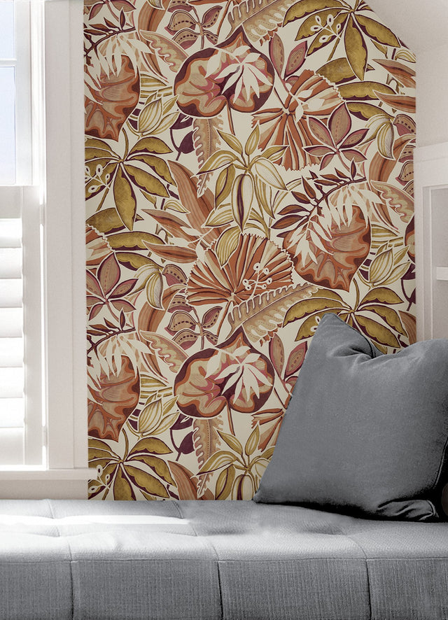Feuilles Amber Peel & Stick Wallpaper with Bohemian Botanical Leaves Pattern - NuWallpaper CBS4515