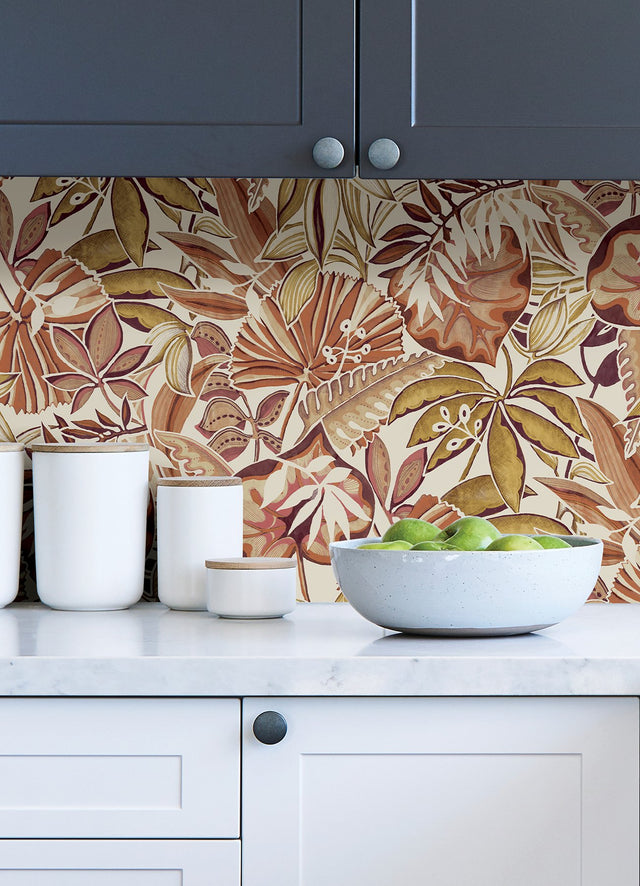 Feuilles Amber Peel & Stick Wallpaper with Bohemian Botanical Leaves Pattern - NuWallpaper CBS4515