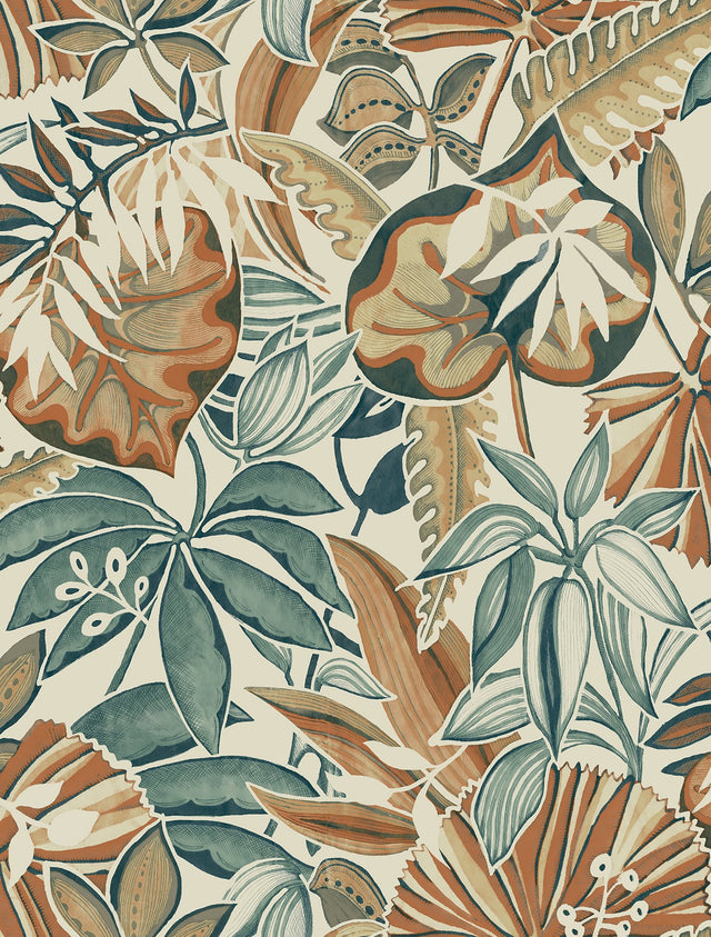 Feuilles Spice Peel & Stick Wallpaper with Bohemian Botanical Leaves Pattern - Brewster CBS4516