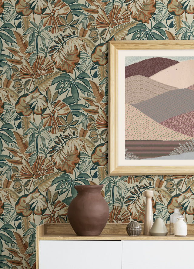 Feuilles Spice Peel & Stick Wallpaper with Bohemian Botanical Leaves Pattern - Brewster CBS4516