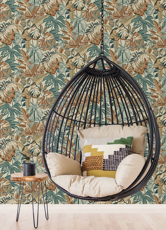 Feuilles Spice Peel & Stick Wallpaper with Bohemian Botanical Leaves Pattern - Brewster CBS4516