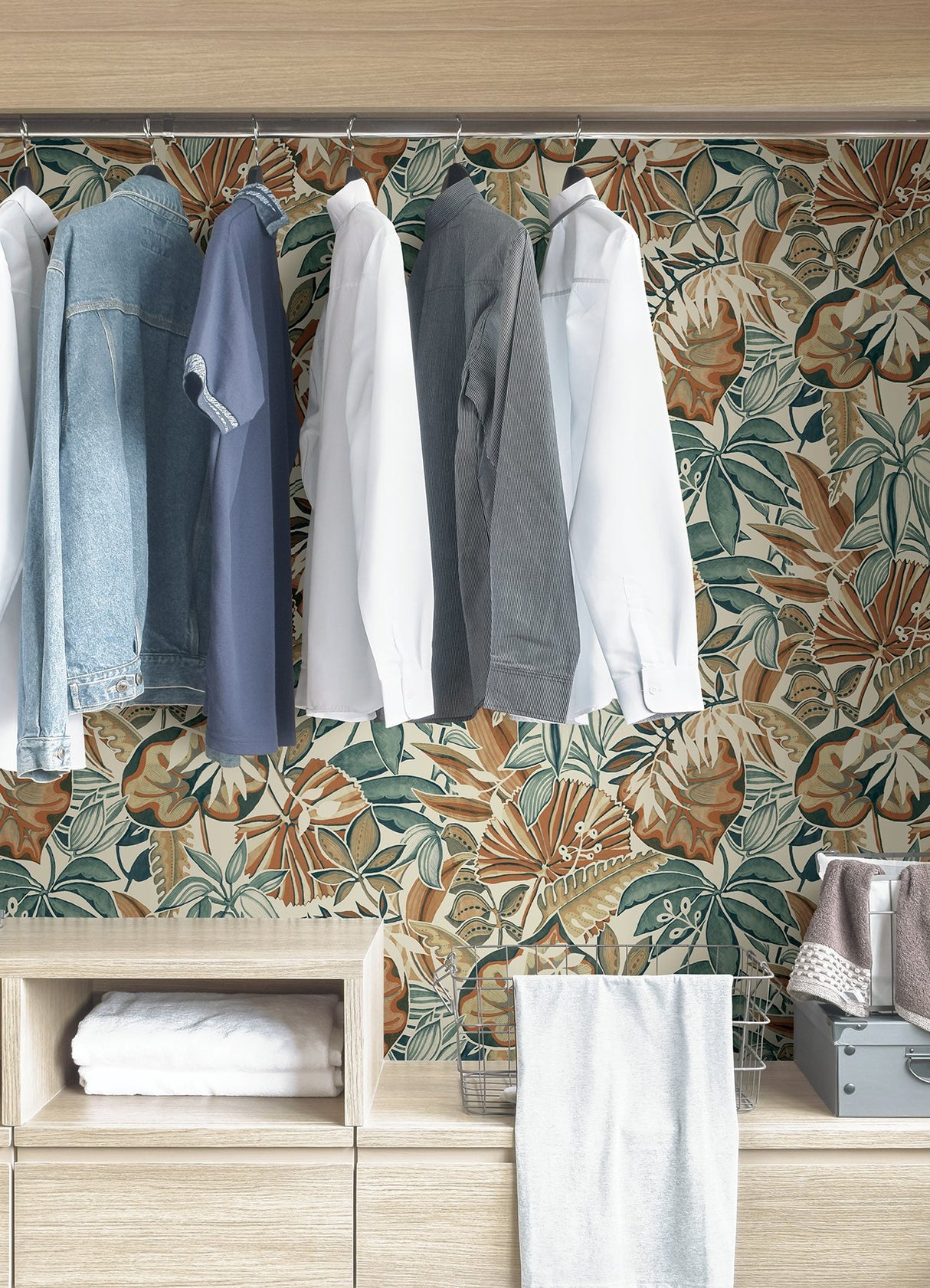 Feuilles Spice Peel & Stick Wallpaper with Bohemian Botanical Leaves Pattern - Brewster CBS4516