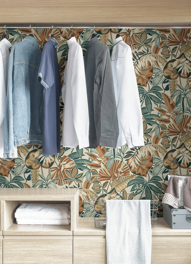 Feuilles Spice Peel & Stick Wallpaper with Bohemian Botanical Leaves Pattern - Brewster CBS4516
