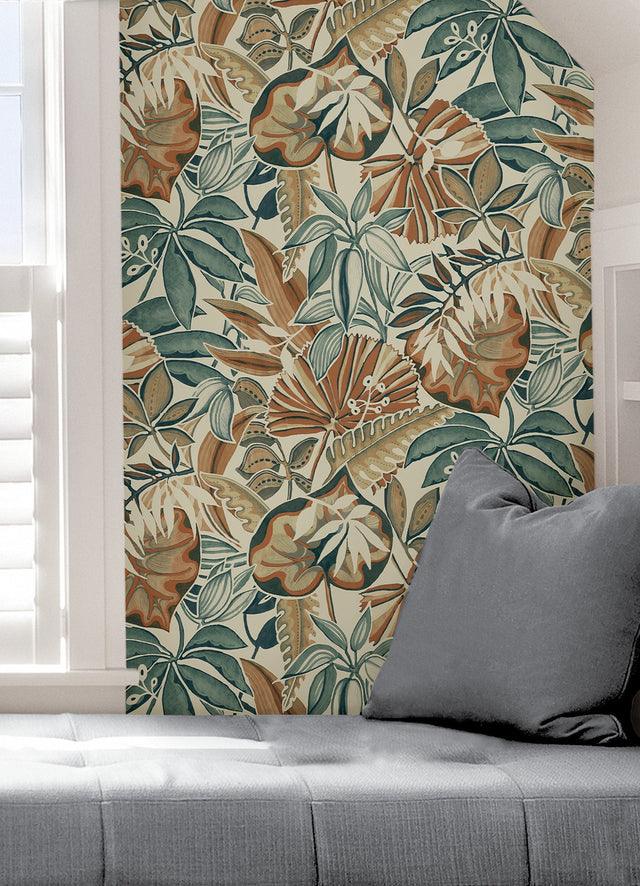 Feuilles Spice Peel & Stick Wallpaper with Bohemian Botanical Leaves Pattern - Brewster CBS4516