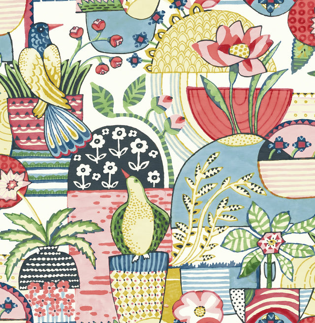 Avriel Multicolor Peel & Stick Wallpaper with Folksy Songbirds and Planters Pattern, Scandinavian Style - NuWallpaper CBS4517