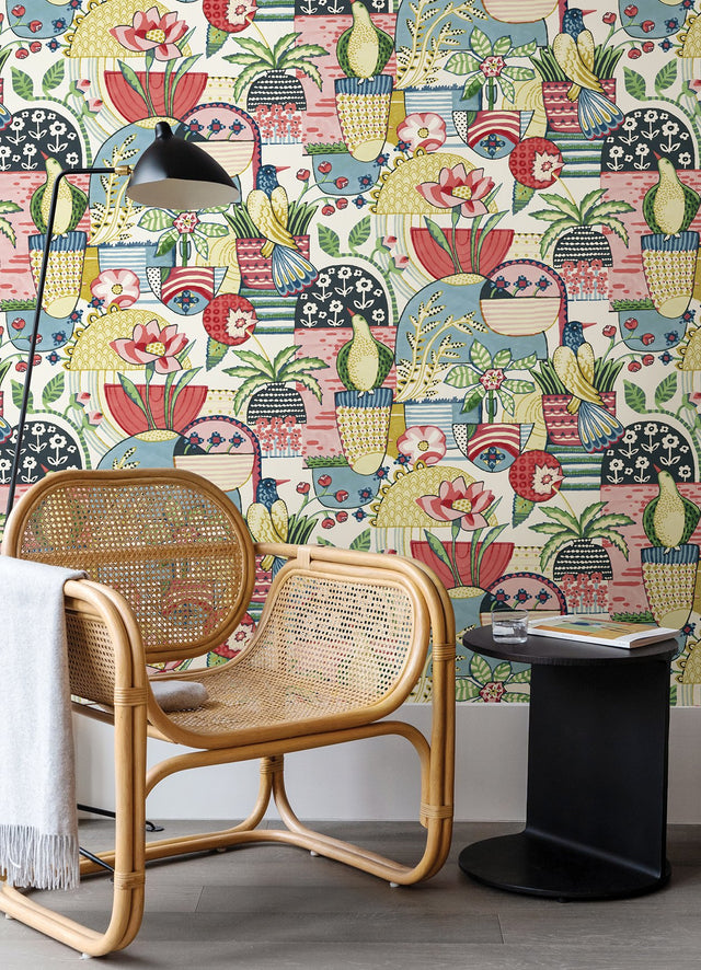 Avriel Multicolor Peel & Stick Wallpaper with Folksy Songbirds and Planters Pattern, Scandinavian Style - NuWallpaper CBS4517