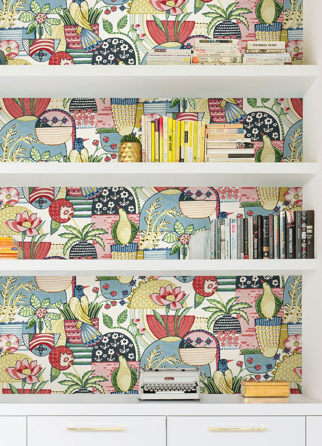 Avriel Multicolor Peel & Stick Wallpaper with Folksy Songbirds and Planters Pattern, Scandinavian Style - NuWallpaper CBS4517