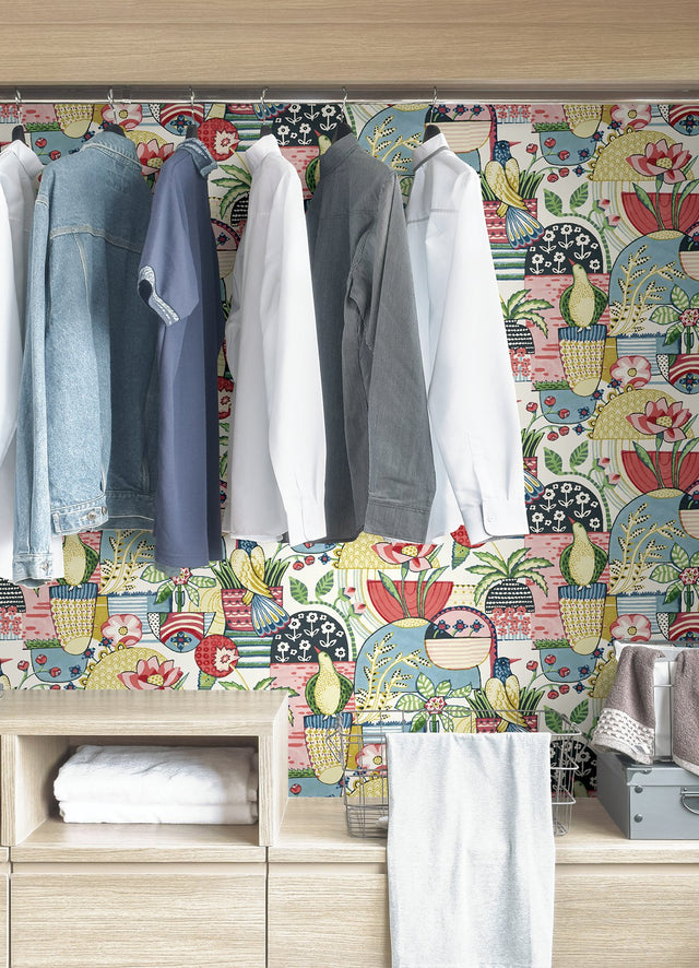 Avriel Multicolor Peel & Stick Wallpaper with Folksy Songbirds and Planters Pattern, Scandinavian Style - NuWallpaper CBS4517