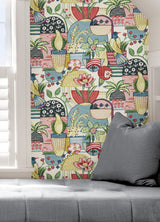 Avriel Multicolor Peel & Stick Wallpaper with Folksy Songbirds and Planters Pattern, Scandinavian Style - NuWallpaper CBS4517