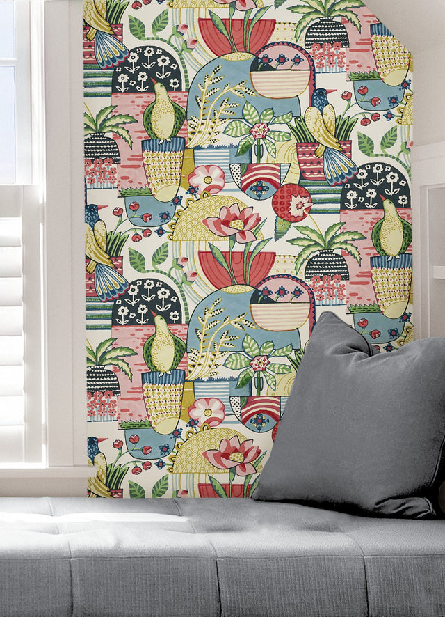 Avriel Multicolor Peel & Stick Wallpaper with Folksy Songbirds and Planters Pattern, Scandinavian Style - NuWallpaper CBS4517