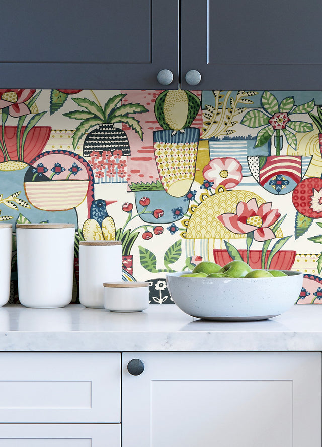 Avriel Multicolor Peel & Stick Wallpaper with Folksy Songbirds and Planters Pattern, Scandinavian Style - NuWallpaper CBS4517