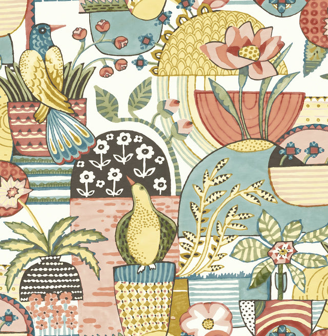 Avriel Spice Peel & Stick Wallpaper with Folksy Songbird and Planter Motif - NuWallpaper CBS4518
