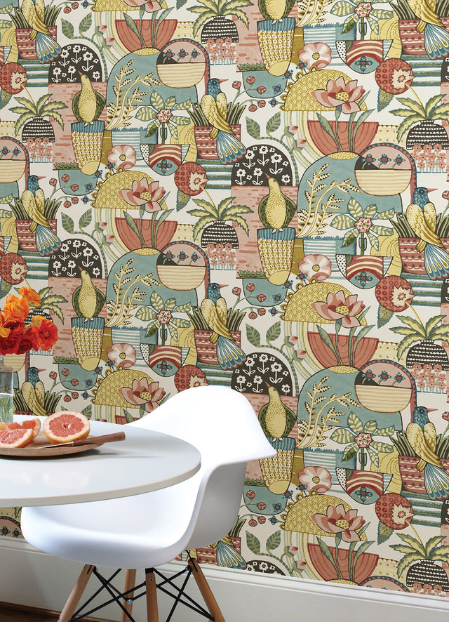 Avriel Spice Peel & Stick Wallpaper with Folksy Songbird and Planter Motif - NuWallpaper CBS4518