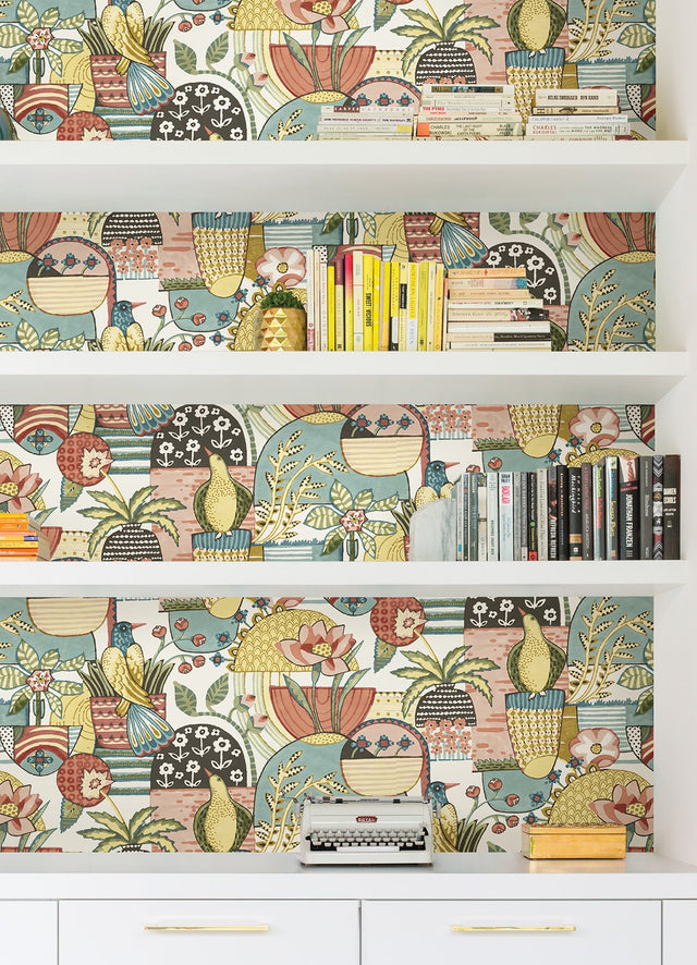 Avriel Spice Peel & Stick Wallpaper with Folksy Songbird and Planter Motif - NuWallpaper CBS4518