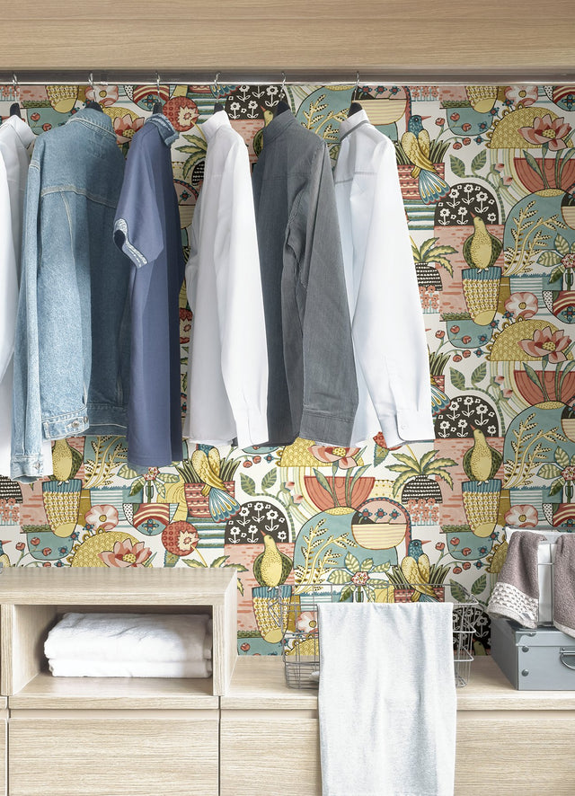 Avriel Spice Peel & Stick Wallpaper with Folksy Songbird and Planter Motif - NuWallpaper CBS4518