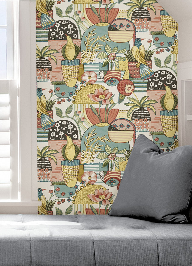 Avriel Spice Peel & Stick Wallpaper with Folksy Songbird and Planter Motif - NuWallpaper CBS4518