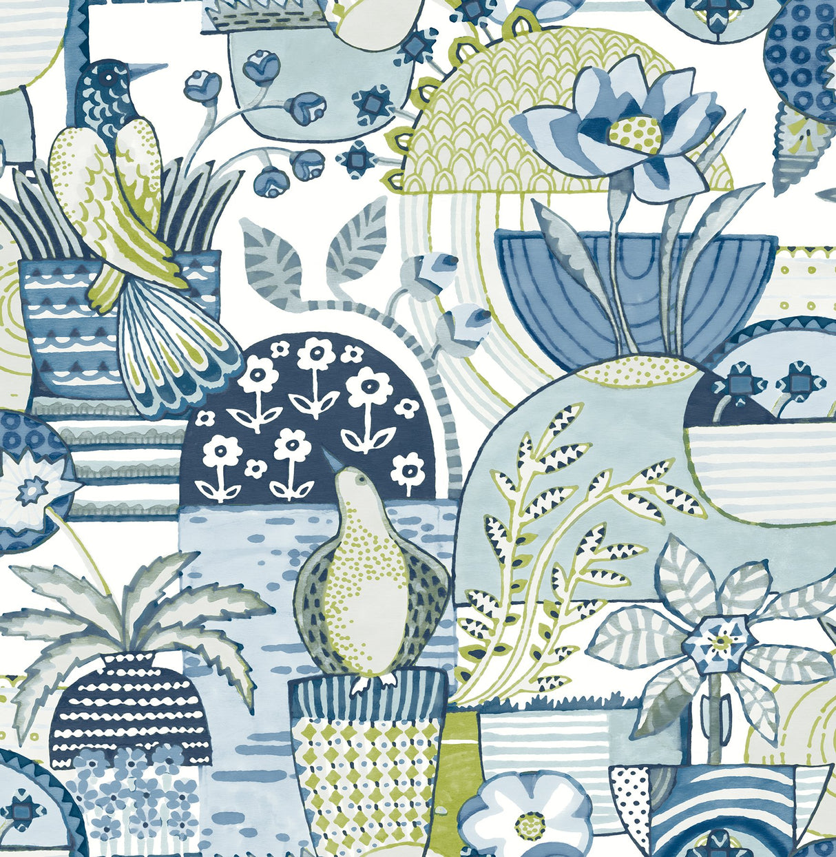 Avriel Blue Peel & Stick Wallpaper with Folksy Birds and Patchwork Floral Pattern - NuWallpaper CBS4519