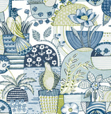 Avriel Blue Peel & Stick Wallpaper with Folksy Birds and Patchwork Floral Pattern - NuWallpaper CBS4519