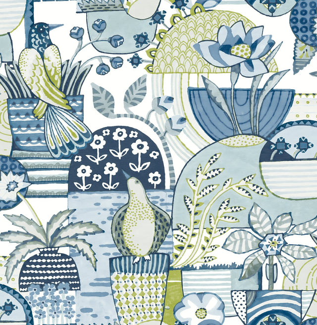 Avriel Blue Peel & Stick Wallpaper with Folksy Birds and Patchwork Floral Pattern - NuWallpaper CBS4519
