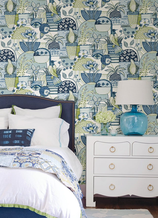 Avriel Blue Peel & Stick Wallpaper with Folksy Birds and Patchwork Floral Pattern - NuWallpaper CBS4519