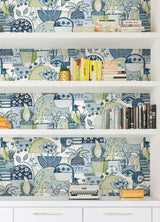 Avriel Blue Peel & Stick Wallpaper with Folksy Birds and Patchwork Floral Pattern - NuWallpaper CBS4519
