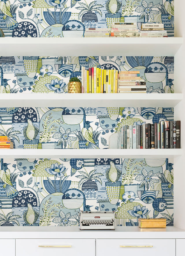 Avriel Blue Peel & Stick Wallpaper with Folksy Birds and Patchwork Floral Pattern - NuWallpaper CBS4519