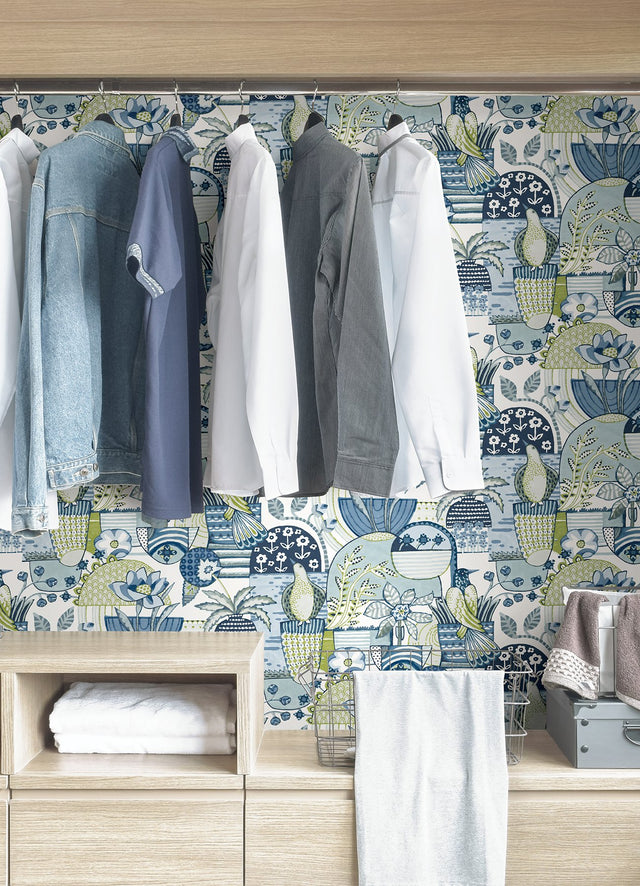 Avriel Blue Peel & Stick Wallpaper with Folksy Birds and Patchwork Floral Pattern - NuWallpaper CBS4519