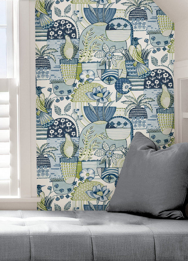 Avriel Blue Peel & Stick Wallpaper with Folksy Birds and Patchwork Floral Pattern - NuWallpaper CBS4519