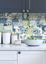 Avriel Blue Peel & Stick Wallpaper with Folksy Birds and Patchwork Floral Pattern - NuWallpaper CBS4519